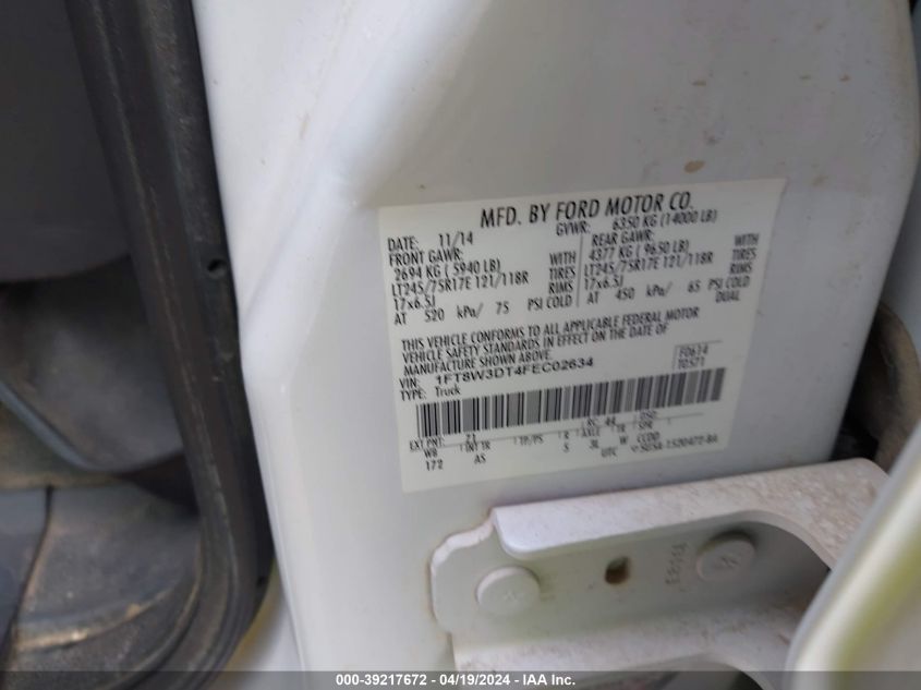 2015 Ford F-350 Xl VIN: 1FT8W3DT4FEC02634 Lot: 39217672