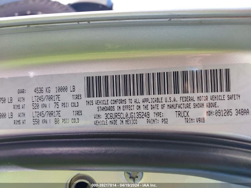 2018 Ram 2500 Tradesman 4X4 6'4 Box VIN: 3C6UR5CL0JG135249 Lot: 39217814