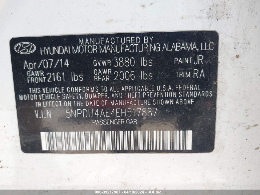 5NPDH4AE4EH517887 | 2014 HYUNDAI ELANTRA