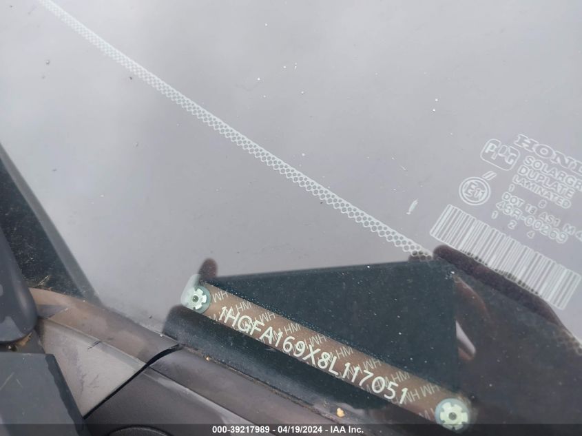 2008 Honda Civic Ex-L VIN: 1HGFA169X8L117051 Lot: 39217989