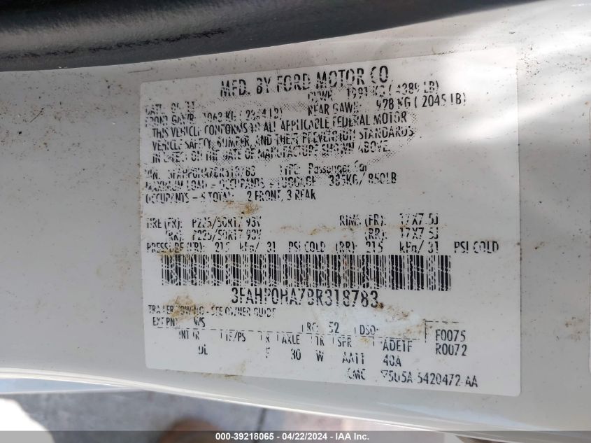 2011 Ford Fusion Se VIN: 3FAHP0HA7BR318783 Lot: 39218065