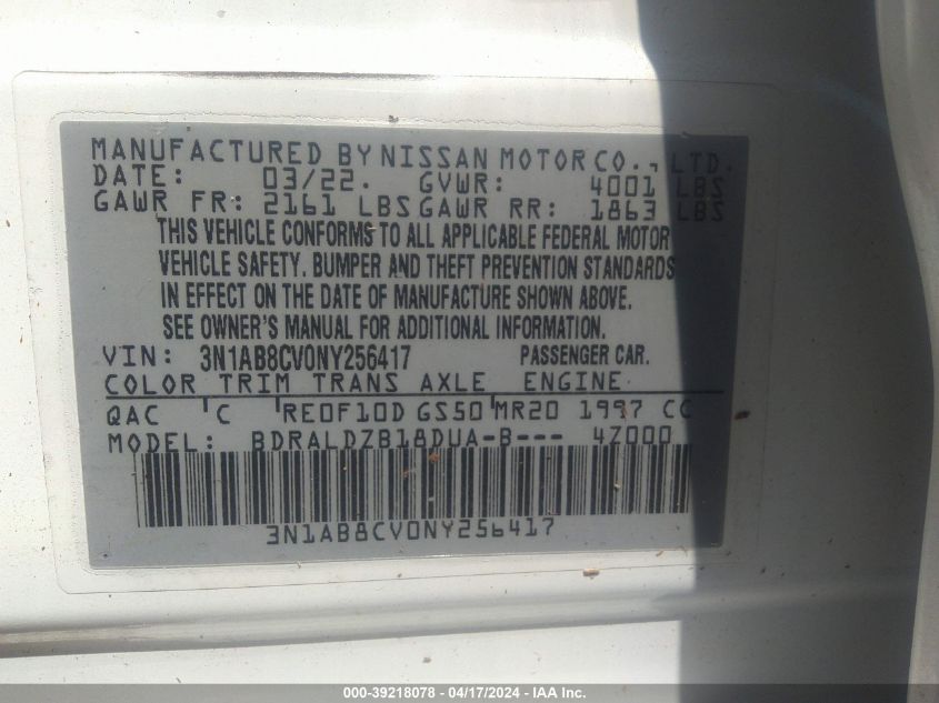 2022 Nissan Sentra Sv Xtronic Cvt VIN: 3N1AB8CV0NY256417 Lot: 39218078