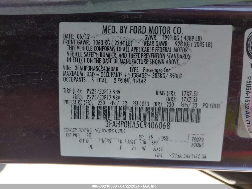 2012 Ford Fusion Se VIN: 3FAHP0HA5CR406068 Lot: 39218090