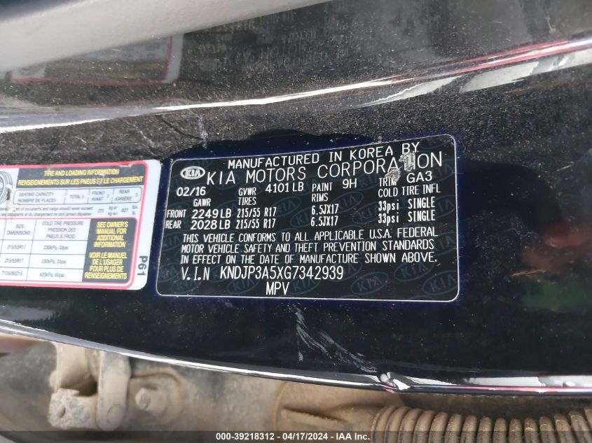 2016 Kia Soul + VIN: KNDJP3A5XG7342939 Lot: 39218312