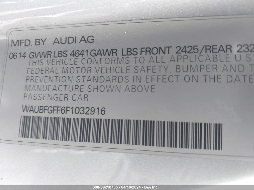 2015 Audi S3 2.0T Premium Plus VIN: WAUBFGFF6F1032916 Lot: 39218735