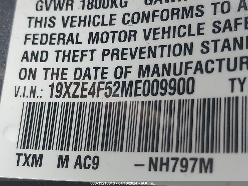 2021 Honda Insight Ex VIN: 19XZE4F52ME009900 Lot: 39218813