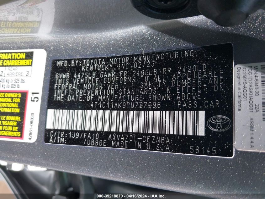 4T1C11AK9PU787996 | 2023 TOYOTA CAMRY