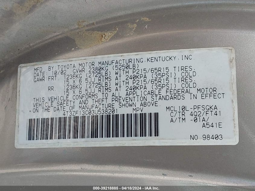 2003 Toyota Sienna Le VIN: 4T3ZF13C03U538201 Lot: 39218885
