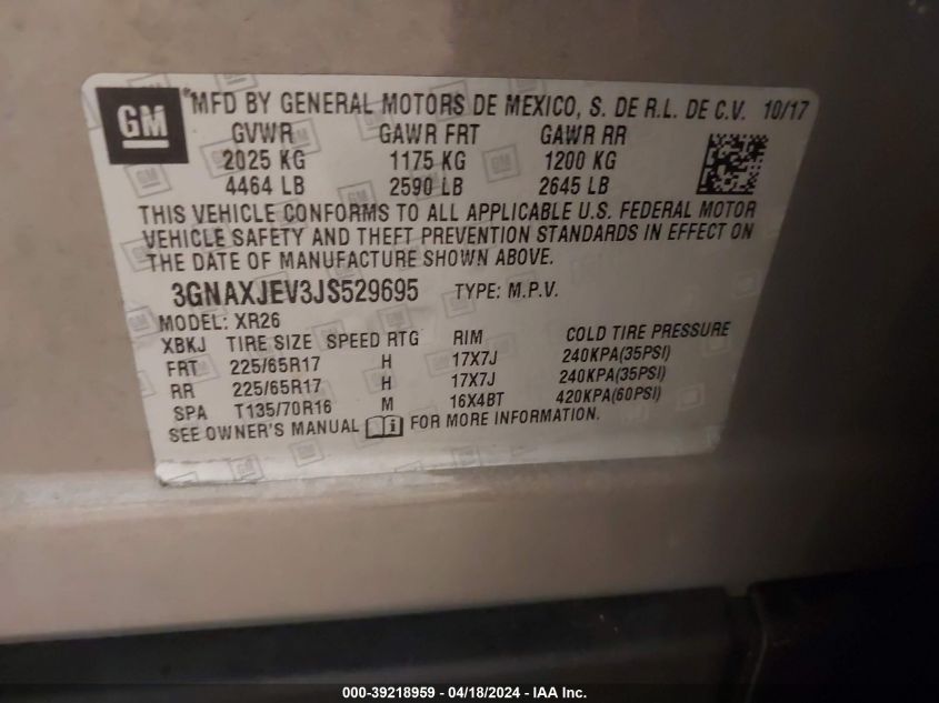 2018 Chevrolet Equinox Lt VIN: 3GNAXJEV3JS529695 Lot: 39218959