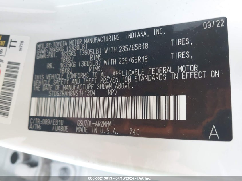 2022 TOYOTA HIGHLANDER VIN: 5TDGZRAH8NS141304