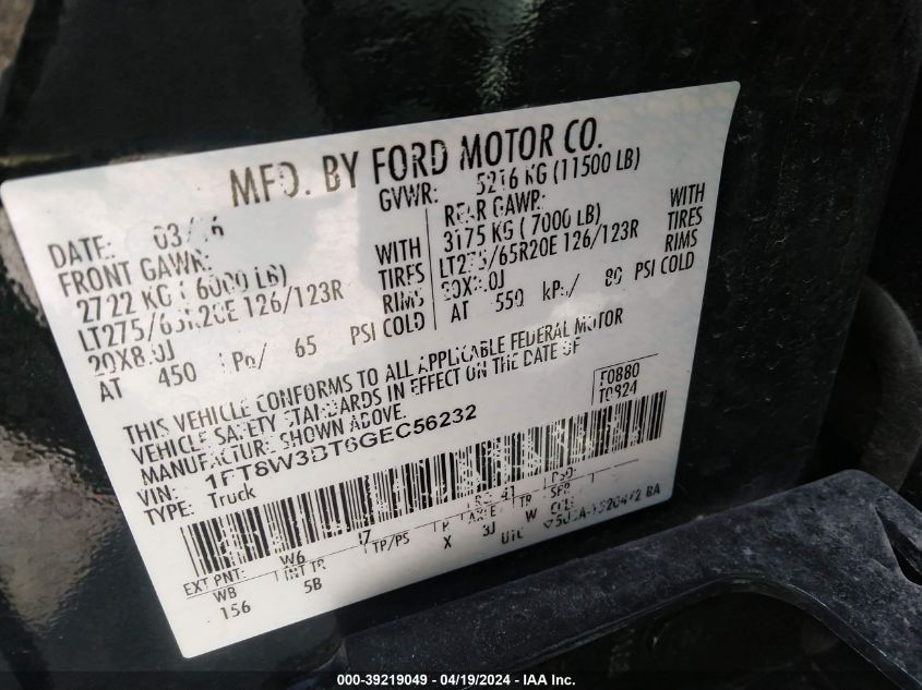 2016 Ford F-350 Lariat VIN: 1FT8W3BT6GEC56232 Lot: 39219049