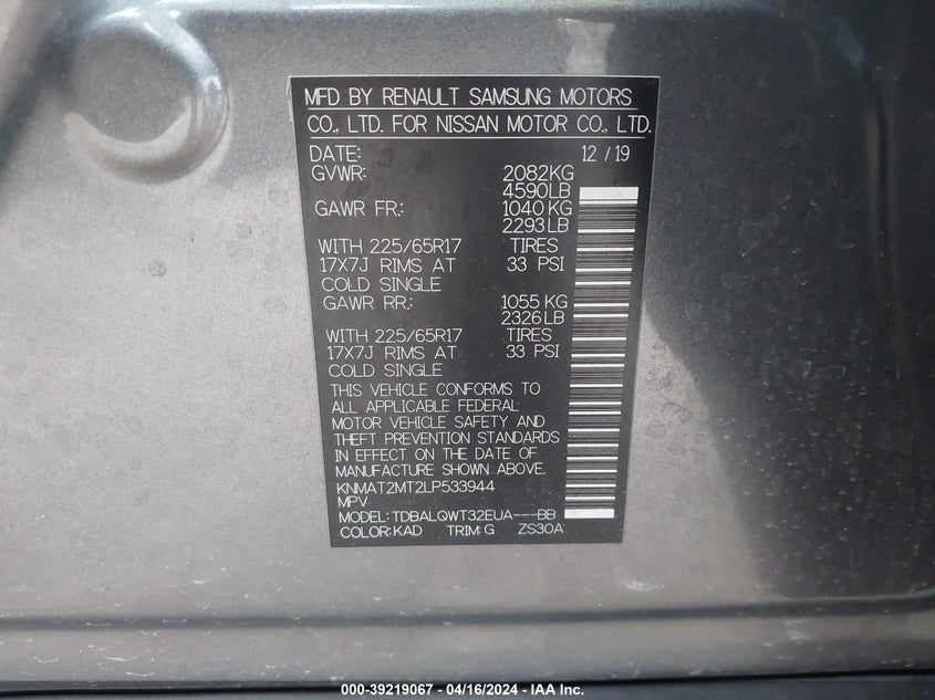 2020 NISSAN ROGUE SV FWD - KNMAT2MT2LP533944