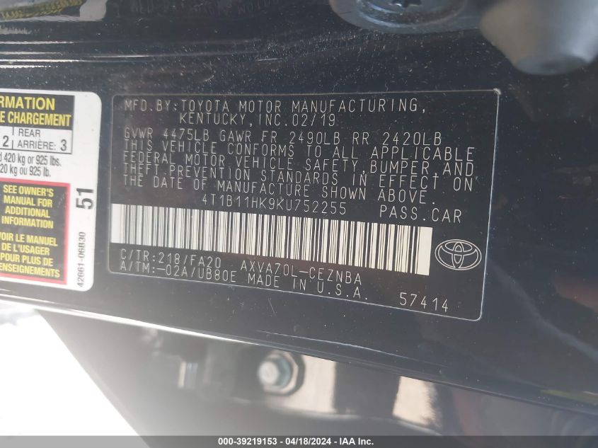 4T1B11HK9KU752255 2019 Toyota Camry Le