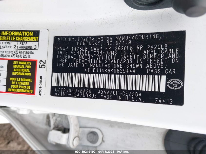 2019 Toyota Camry Se VIN: 4T1B11HK9KU839444 Lot: 39219192