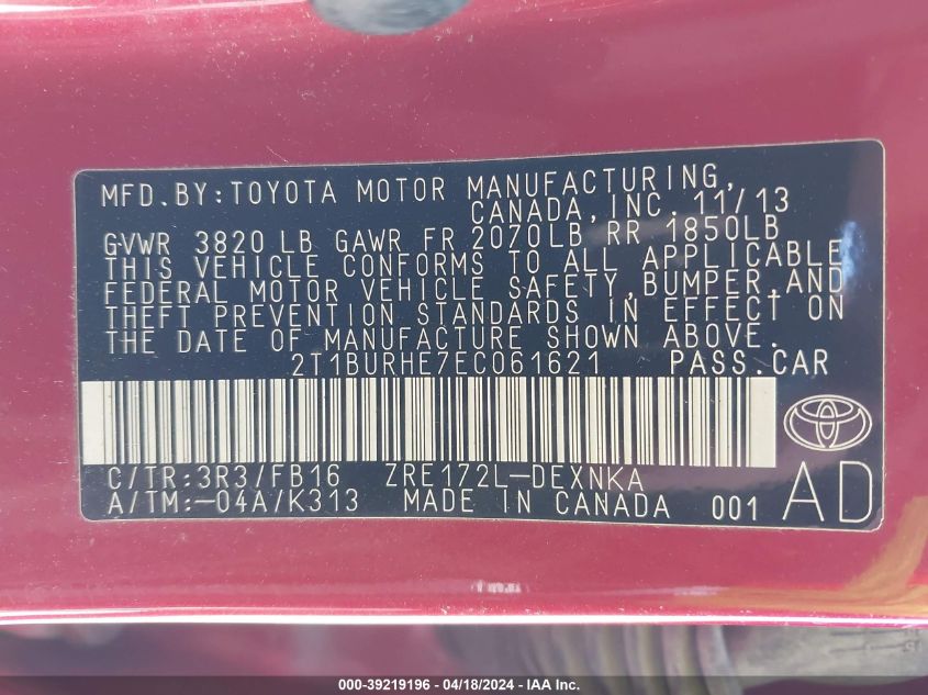 2014 Toyota Corolla Le VIN: 2T1BURHE7EC061621 Lot: 39219196