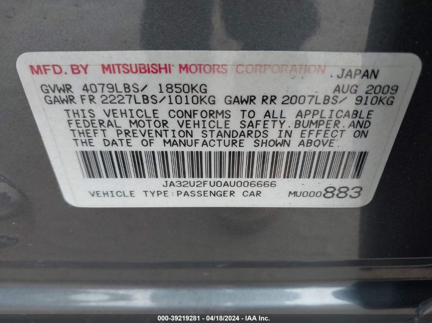 2010 Mitsubishi Lancer Es VIN: JA32U2FU0AU006666 Lot: 39219281