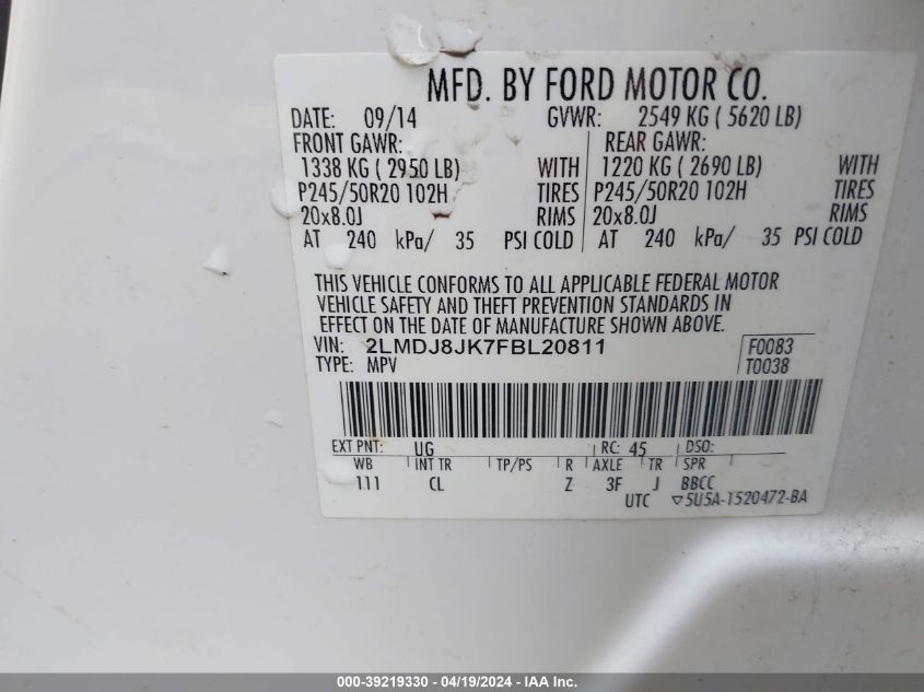 2015 Lincoln Mkx VIN: 2LMDJ8JK7FBL20811 Lot: 39219330