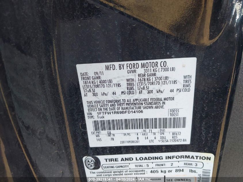 2011 Ford F-150 Svt Raptor VIN: 1FTFW1R69BFD14106 Lot: 39219341