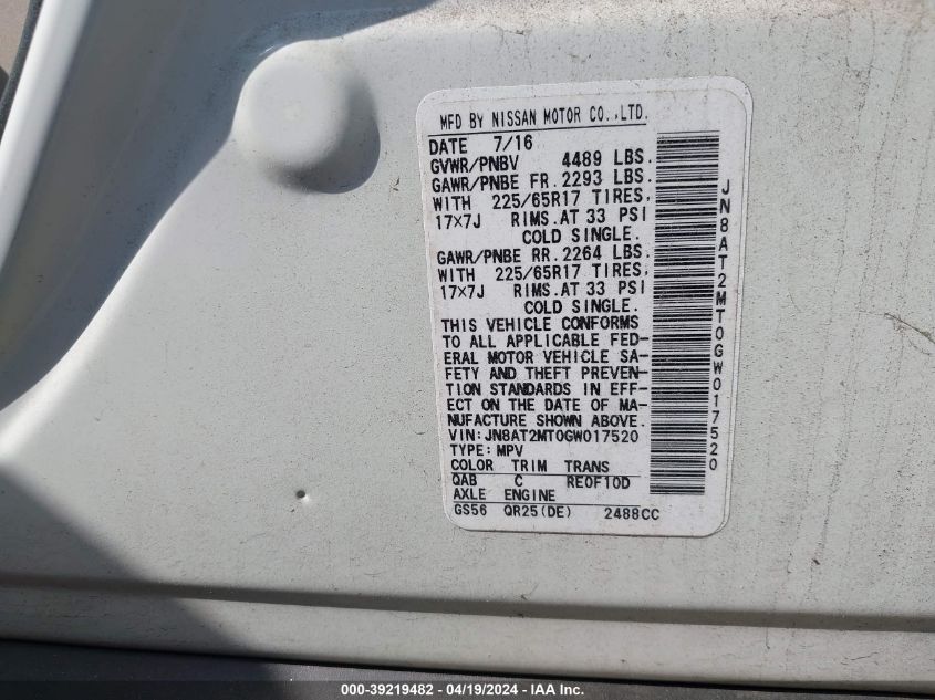 2016 Nissan Rogue Sv VIN: JN8AT2MT0GW017520 Lot: 39219482