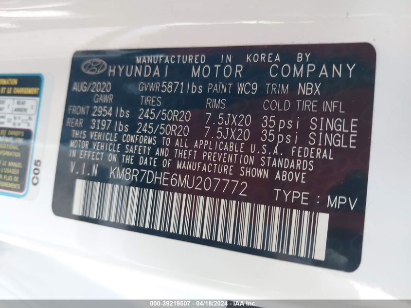 2021 Hyundai Palisade Calligraphy VIN: KM8R7DHE6MU207772 Lot: 39219507