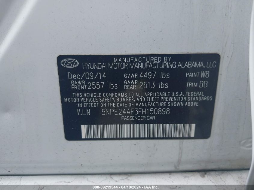 2015 Hyundai Sonata Se VIN: 5NPE24AF3FH150898 Lot: 39219544