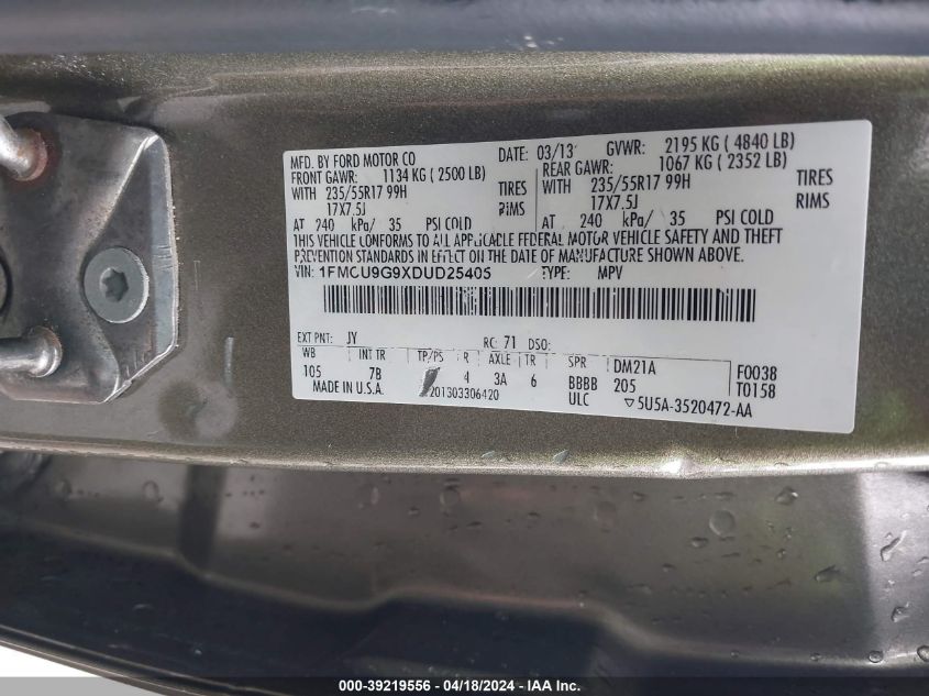 2013 Ford Escape Se VIN: 1FMCU9G9XDUD25405 Lot: 39219556