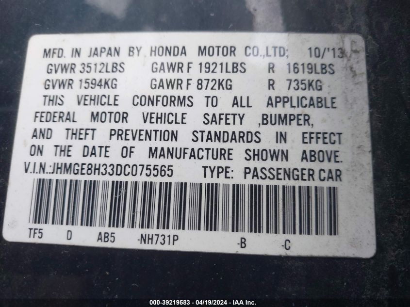 2013 Honda Fit VIN: JHMGE8H33DC075565 Lot: 39219583