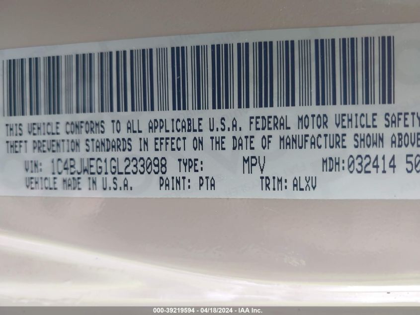 2016 Jeep Wrangler Unlimited Sahara VIN: 1C4BJWEG1GL233098 Lot: 39219594