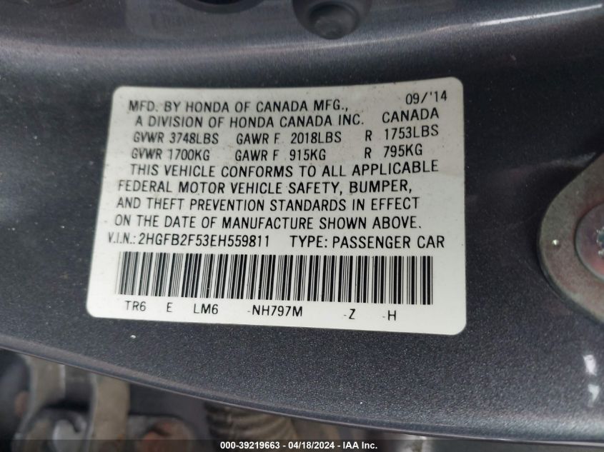 2014 Honda Civic Lx VIN: 2HGFB2F53EH559811 Lot: 39219663