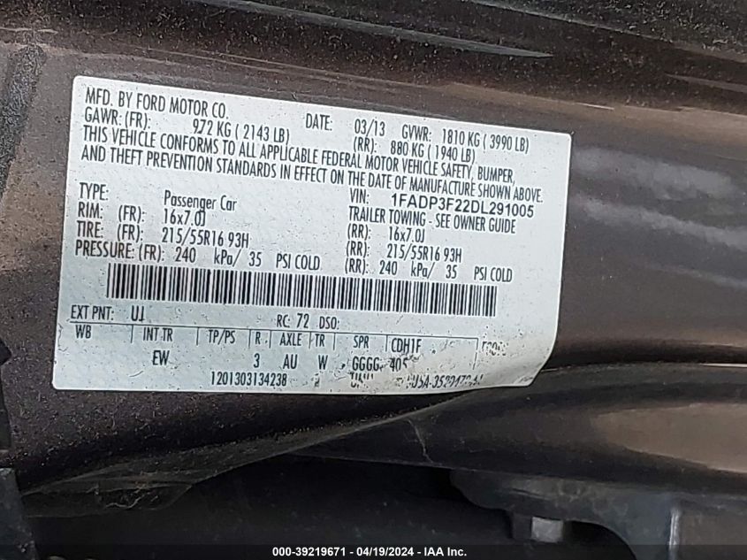 2013 Ford Focus Se VIN: 1FADP3F22DL291005 Lot: 39219671