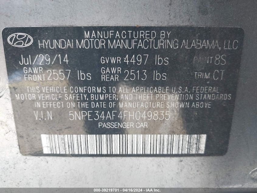 5NPE34AF4FH049835 | 2015 HYUNDAI SONATA