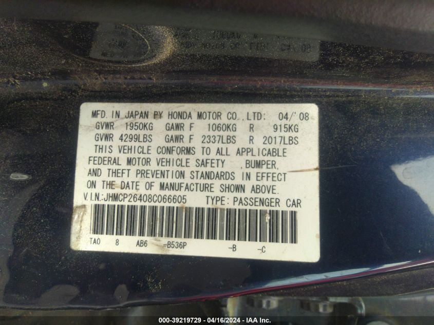 JHMCP26408C066605 | 2008 HONDA ACCORD