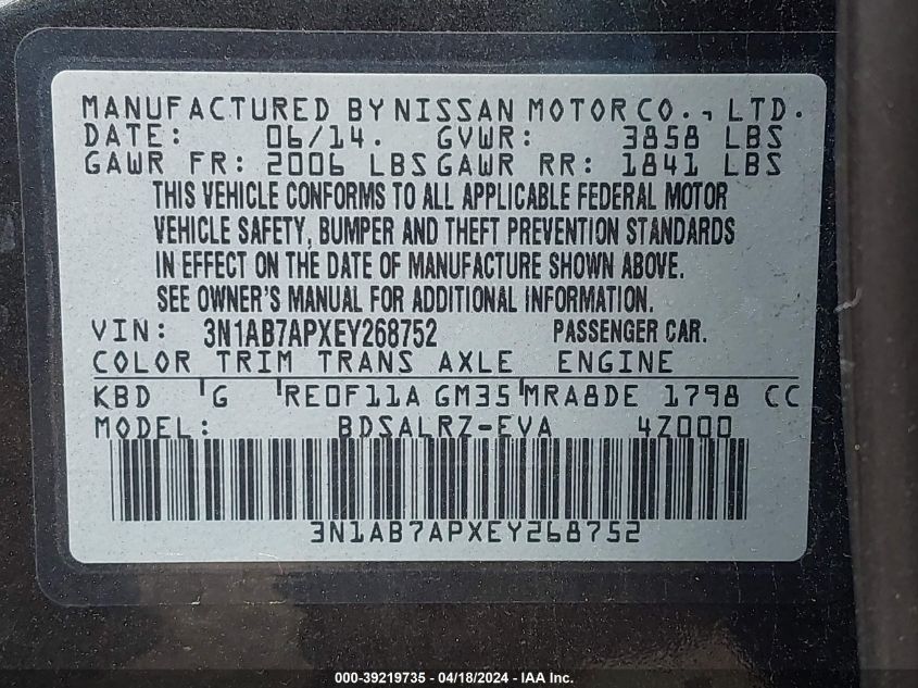 2014 Nissan Sentra Sr VIN: 3N1AB7APXEY268752 Lot: 39219735