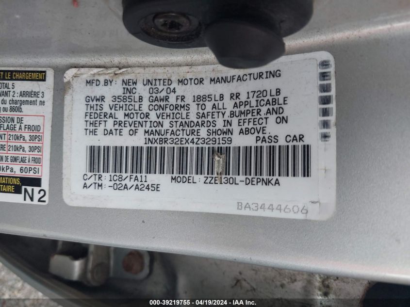 2004 Toyota Corolla Le VIN: 1NXBR32EX4Z329159 Lot: 39219755