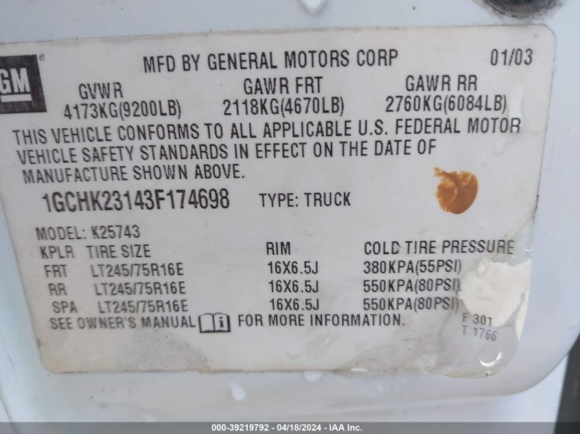 2003 Chevrolet Silverado 2500Hd Lt VIN: 1GCHK23143F174698 Lot: 39219792