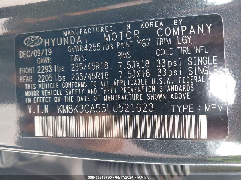 2020 Hyundai Kona Limited VIN: KM8K3CA53LU521623 Lot: 39219795