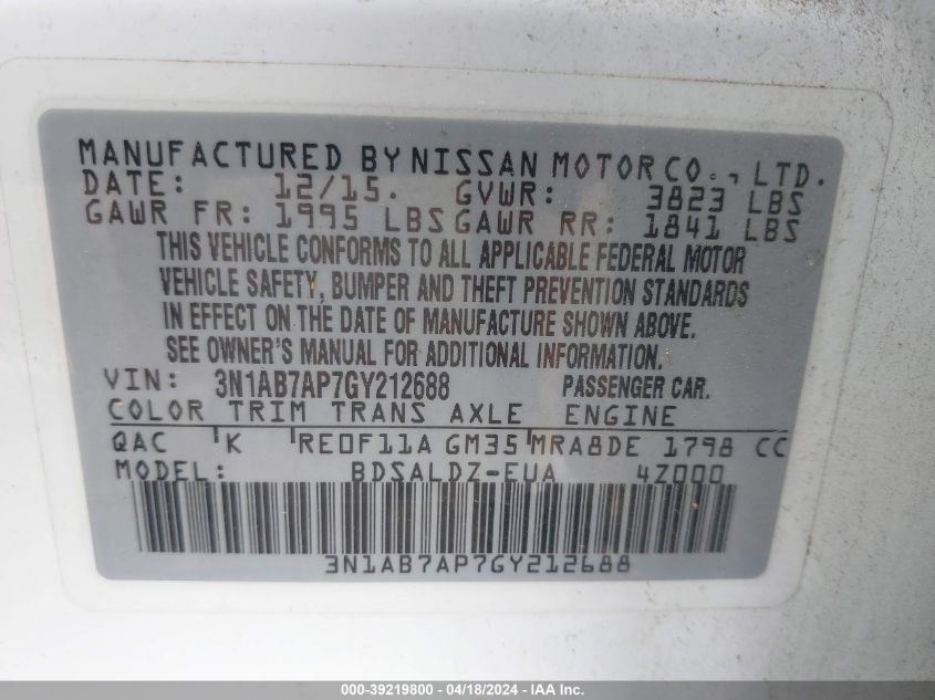 2016 Nissan Sentra Sv VIN: 3N1AB7AP7GY212688 Lot: 39219800