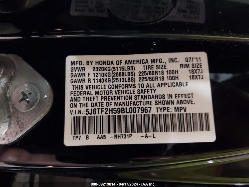 2011 Honda Accord Crosstour Ex-L VIN: 5J6TF2H59BL007967 Lot: 39219814