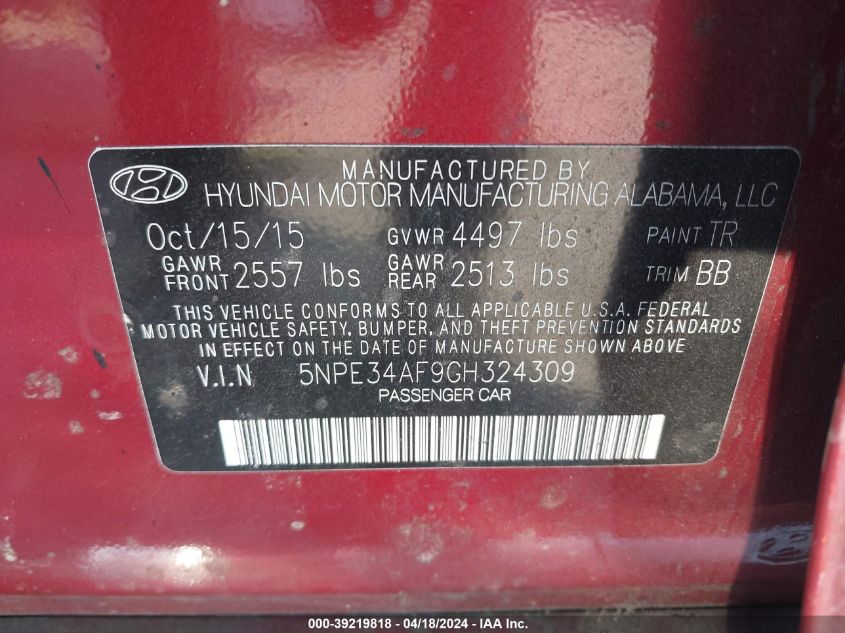 2016 Hyundai Sonata Sport VIN: 5NPE34AF9GH324309 Lot: 39219818