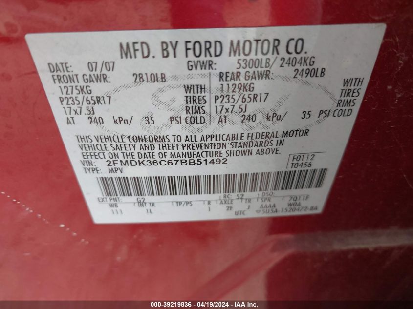 2007 Ford Edge Se VIN: 2FMDK36C67BB51492 Lot: 39219836