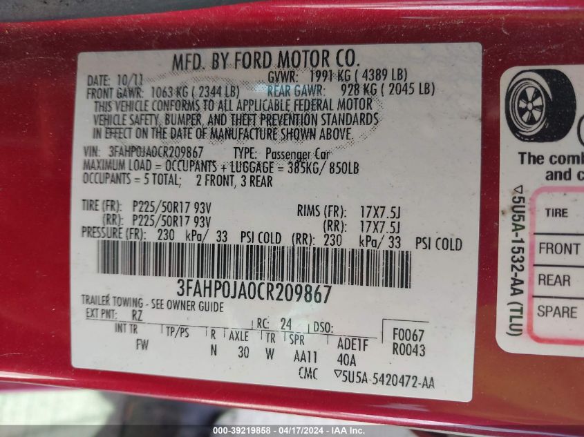 2012 Ford Fusion Sel VIN: 3FAHP0JA0CR209867 Lot: 39219858