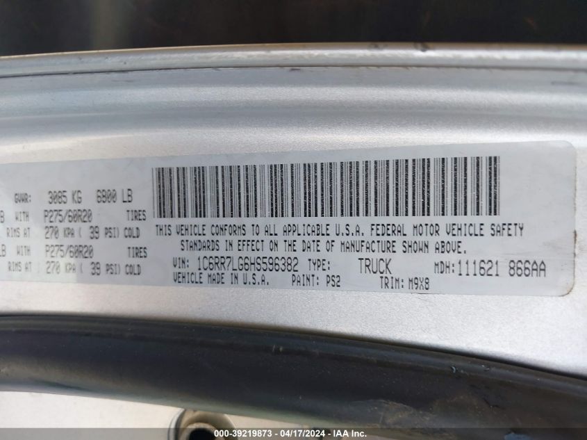 2017 Ram 1500 Big Horn 4X4 5'7 Box VIN: 1C6RR7LG6HS596382 Lot: 39219873