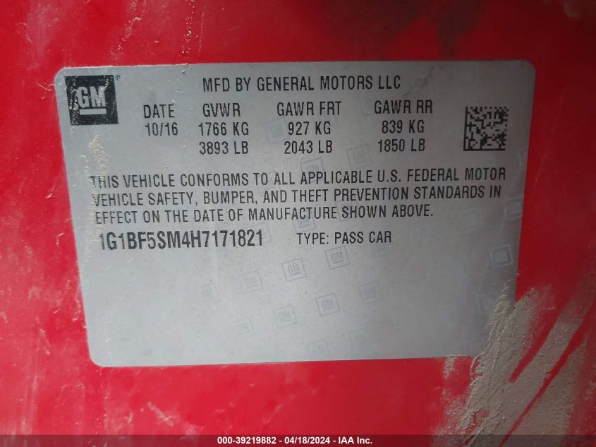 2017 Chevrolet Cruze Premier Auto VIN: 1G1BF5SM4H7171821 Lot: 39219882