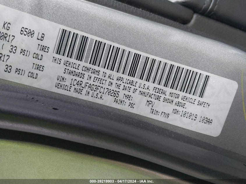 2015 Jeep Grand Cherokee Laredo VIN: 1C4RJFAG3FC170265 Lot: 39219903