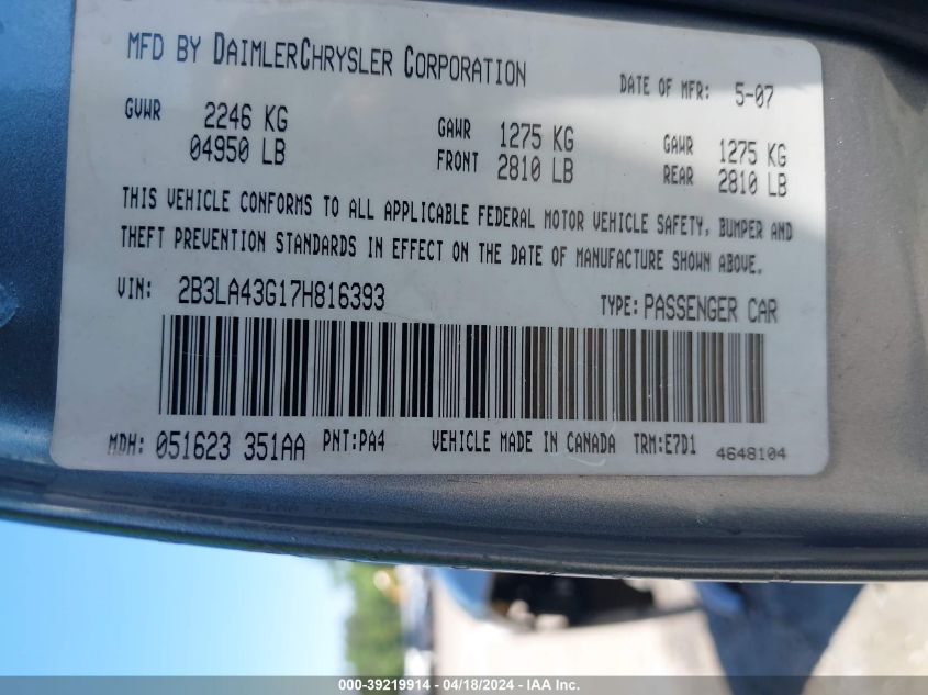 2007 Dodge Charger VIN: 2B3LA43G17H816393 Lot: 39219914