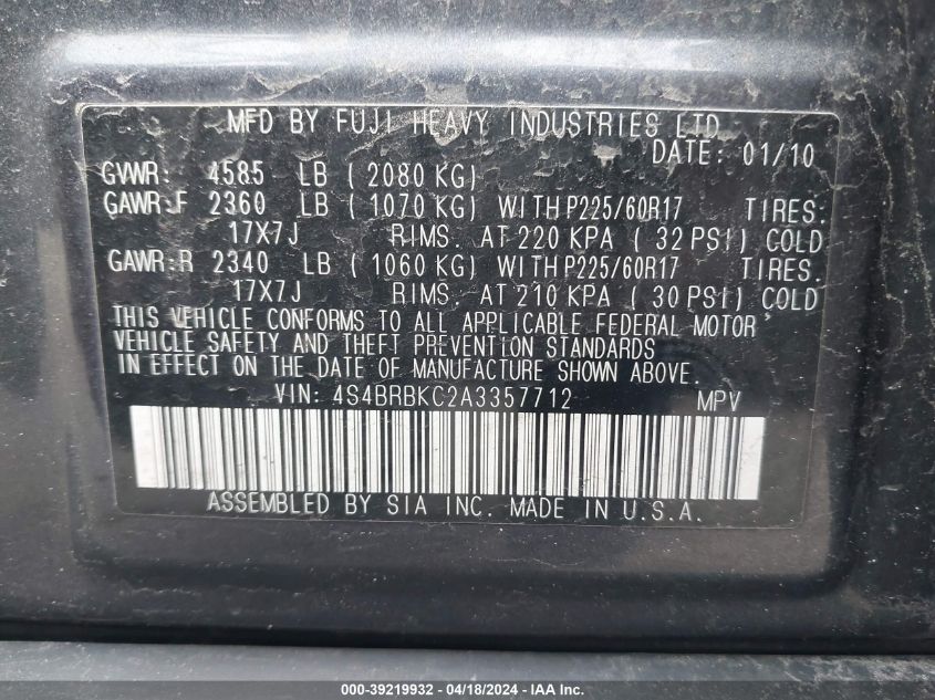 2010 Subaru Outback 2.5I Limited VIN: 4S4BRBKC2A3357712 Lot: 39219932