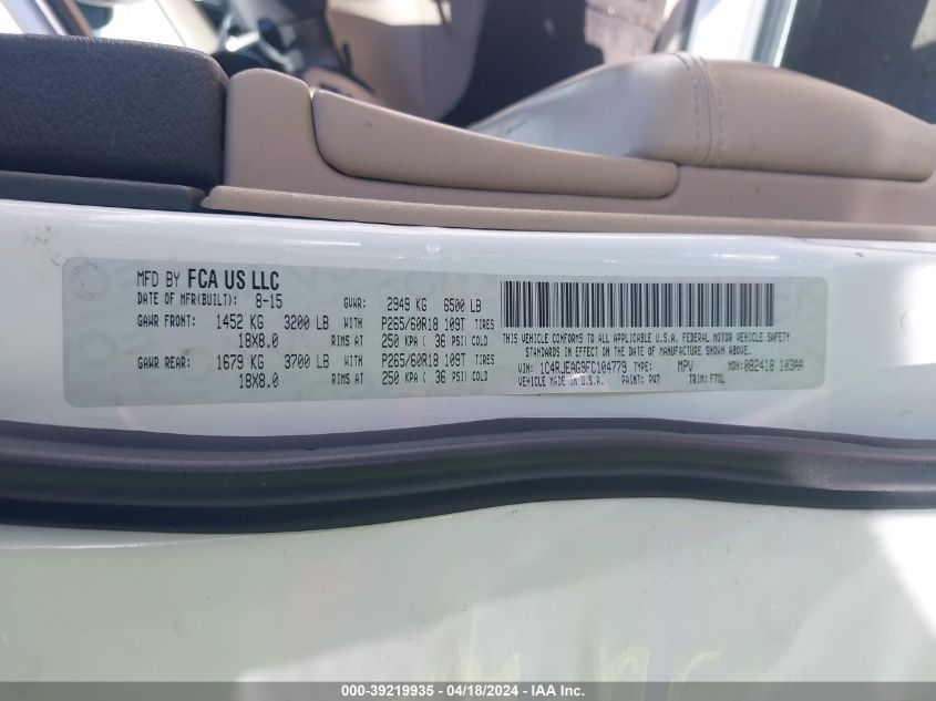 2015 Jeep Grand Cherokee Laredo VIN: 1C4RJEAG9FC104779 Lot: 39219935