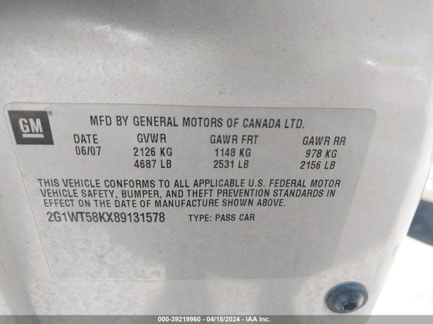 2008 Chevrolet Impala Lt VIN: 2G1WT58KX89131578 Lot: 39219960
