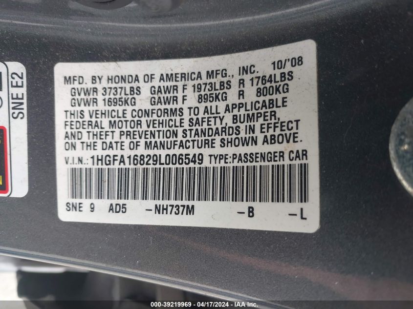 2009 Honda Civic Ex VIN: 1HGFA16829L006549 Lot: 39219969