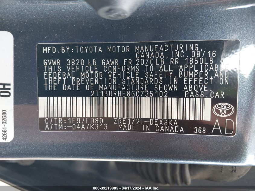 2016 Toyota Corolla S Plus VIN: 2T1BURHE8GC735102 Lot: 39219985